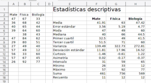 Hoja de cácluclo de ejemplo para mostrar en LibreOffice Calc cómo obtener yun resumen con estadísiticas descriptivas de datos.