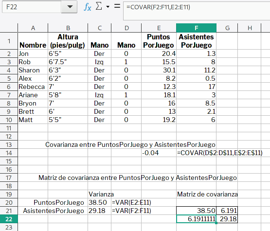 varianza y matriz de covarianza para el análisis de datos