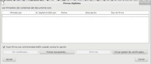 Diálogo de LibreOffice Writer para la asignación de firmas electrónicas