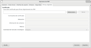 Diálogo de LibreOffice Writer para las opciones de configuración de las firmas electrónicas (digitales) para un PDF