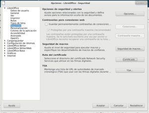 Opciones en LibreOffice para configurar los certificados de firma electrónica
