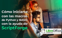 «Cómo iniciarse con las macros de Python y BASIC con la ayuda de ScriptForge». Dos programadores revisan el código en su computadora.