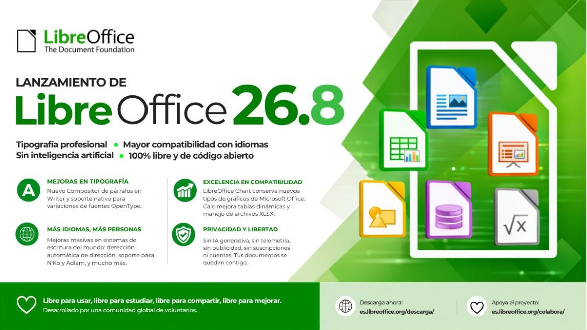 LibreOffice 26.8 ofrece tipografía profesional, una mayor compatibilidad con los sistemas de escritura de todo el mundo y no incluye inteligencia artificial